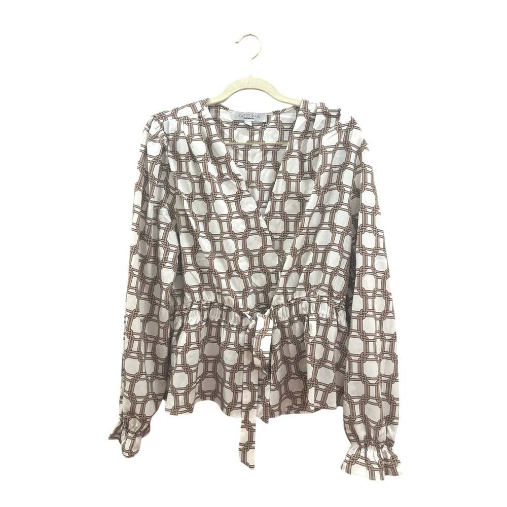 Sweet Rain White and Brown Chain-Print Tie-Waist Blouse